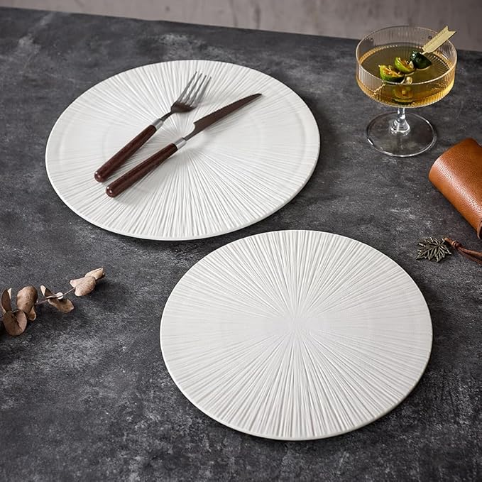 Round Flat Ceramic Serving Plate and Dinner Plate, 2 Pieces Set, 12" & 10" Plates, Elevate Dining Experience (White, Ray 12" & 10")