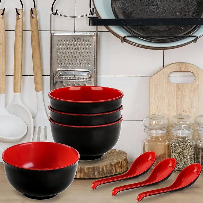 10 Pack Miso Soup Bowl with Spoon, 16 Oz Japanese Melamine Noodle Bowls Unbreakable Miso Soup Cereal Bowls or Ramen, Udon, Soba, Pho and Soup, (Black/Red)