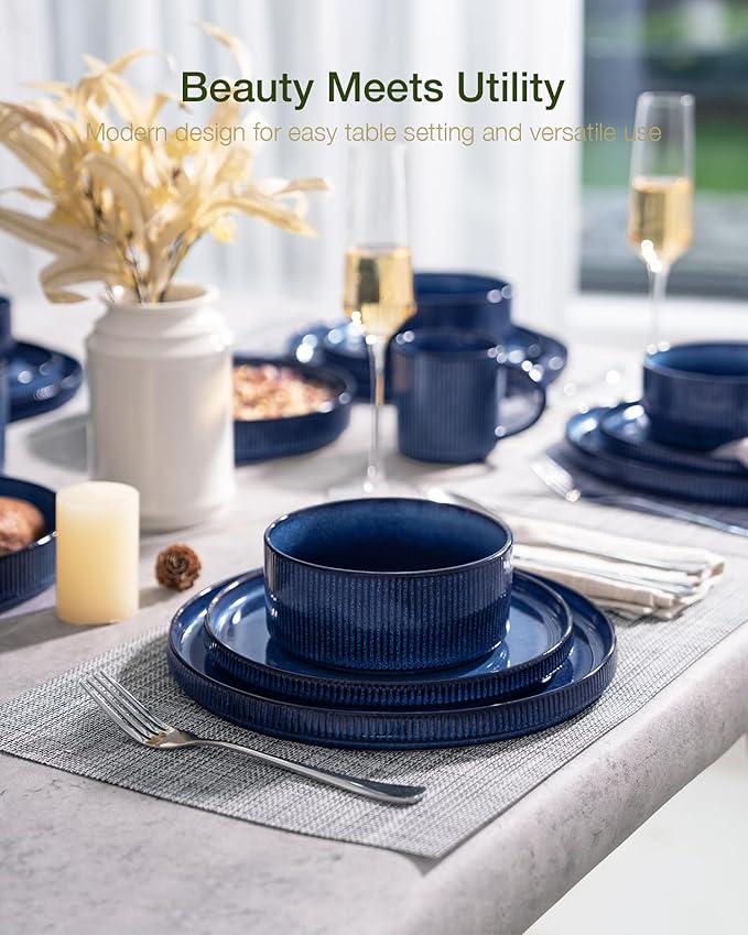 Famiware Star 12-Piece Stoneware Dinnerware Sets for 4, Reactive Glaze Plates and Bowls, Modern Rustic Dishes for Everyday & Formal Use, Chip/Scratch Resistant, Microwave/Dishwasher Safe, Nebulas Blue