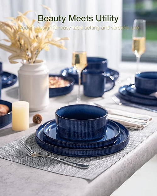 Famiware Star 16-Piece Stoneware Dinnerware Set, Service for 4 - Shallow Pasta Bowls & Flat Plates, Modern Rustic Reactive Glaze Dishes, Chip/Scratch Resistant, Microwave/Dishwasher Safe, Nebulas Blue