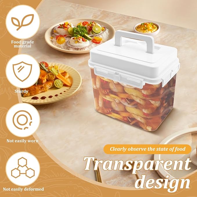 Press Plate Leakproof Airtight Pickle Kimchi Container, Press Plastic Fermentation Container, 5L Food Storage Box w Hidden Handle, Portable Mason Jar, Clear Sauerkraut Press Container for Home Kitchen