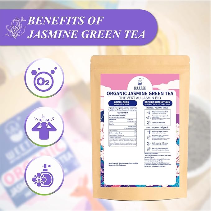 WT WEETEE Organic Jasmine Green Tea Loose Leaf, Organic Green Tea Scented with Jasmine Blossoms, No Artificial Flavors, 16 Ounce, Great Natural Energy Source