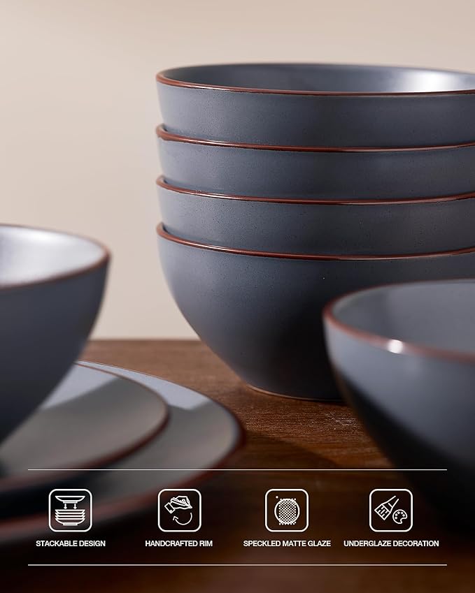 Famiware Venus Stoneware Dinnerware Sets with Pasta Bowls for 6, 24-Piece Speckled Plates and Bowls with Trim, Matte Charcoal - Chip‑Resistant Dishes for Everyday/Formal Use, Microwave/Dishwasher Safe