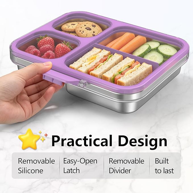 HOMEKOL Stainless Steel Bento Lunch Box, 3-Compartment Leak-Proof Metal Lunch Container for Kids & Adults, BPA-Free, Dishwasher Safe, Clear Tritan Lid, 4.2Cups/1000ml Purple (Not Insulated)