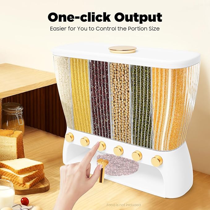 6 Grids Dry Food Dispenser Grain Rice Storage Dispenser with Measuring Cup, 22lbs Sealed Storage Tank for Home Kitchen, Detachable Partition