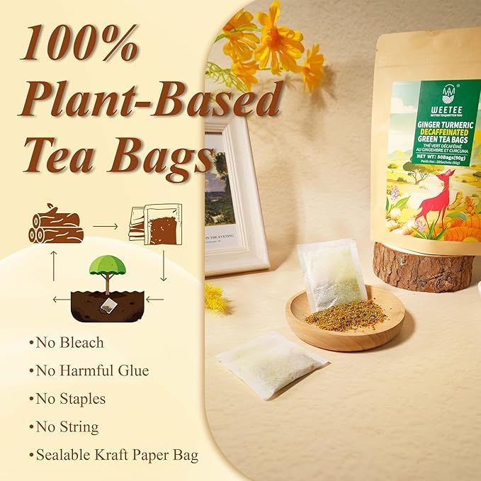 WT WEETEE Ginger Turmeric Decaf Green Tea Bags  50 Count – CO₂ Decaffeinated Green Tea with Ginger, Turmeric & Honey Aroma, Smooth and Gently Spiced Flavor