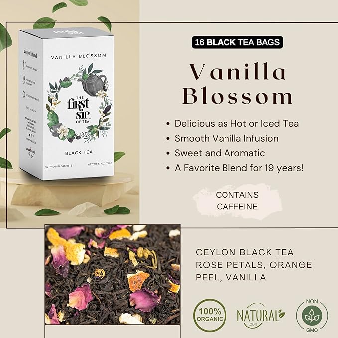 Vanilla Blossom Black Tea, Tea Bags, Rose, Orange & Vanilla, High Caffeine, Perfect Iced & Hot Tea - 16 Cups | The Spice Hut, First Sip of Tea