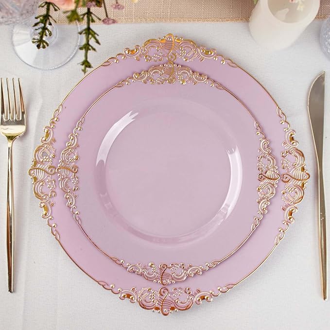 Efavormart 10 Pack | 8" Lavender and Gold Baroque Dessert Plates, Leaf Embossed Metallic Rim Heavy Duty Appetizer Plates for Spring Tea Parties