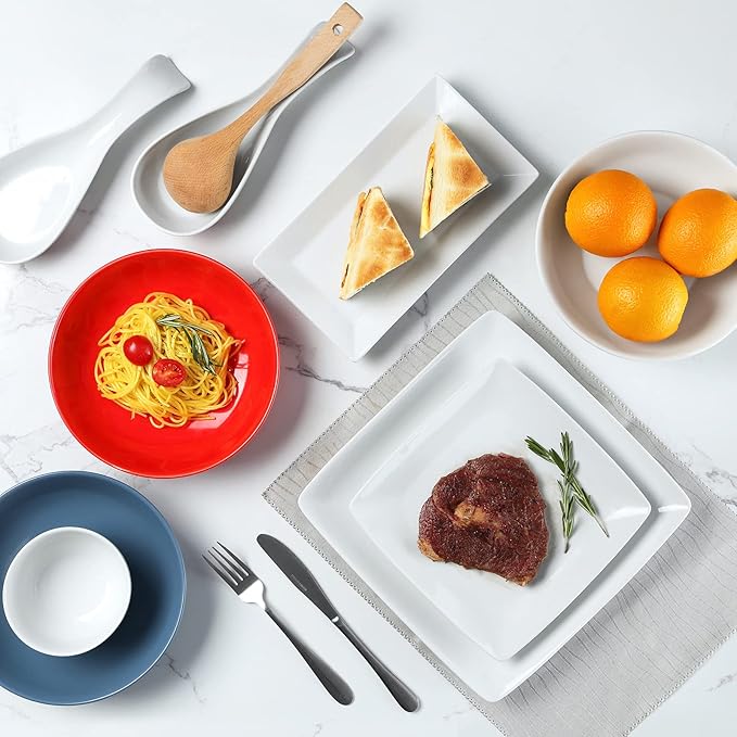 Porcelain Square Dessert Plates, 8.4 Inch Square Serving Plate for Steak, Pasta, Salad, Snacks, Dessert, Appetizer Plates, Set of 6, White