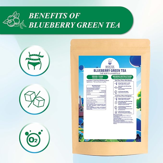 WT WEETEE Blueberry Green Tea Bags (100 Count) - Premium Smooth Green Tea with Rich Berry Aroma - Zero Sugar & Zero Calories - Perfect for Hot & Iced Tea