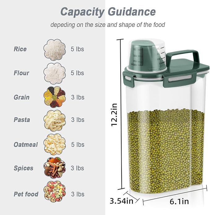 LEAWALK Airtight Rice Storage Container, 3.28Qt Cereal Dry Food Flour and Sugar Bin, Dog Cat Food Dispenser with Measuring Cup, BPA Free Clear Plastic Kitchen and Pantry Organization Bin Green 2Pack