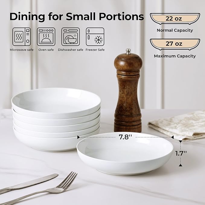 Y YHY 7.8'' Pasta Bowls for Small Portions, 22 Ounce Salad White Bowl Plates Set of 6, Porcelain Dishes for Serving Dinner - Dinnerware Sets Microwave Dishwasher Safe Thanksgiving Day Gift