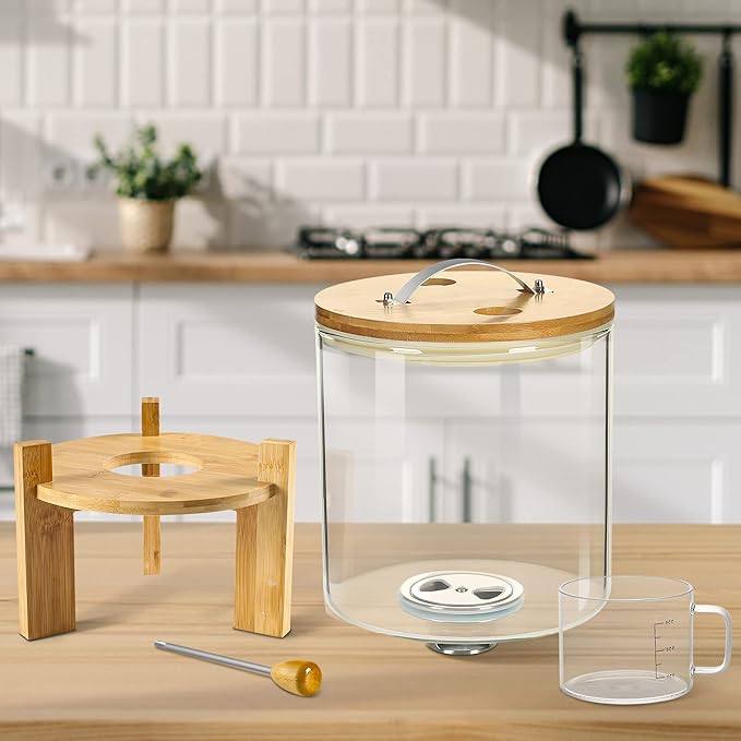 Rice Dispenser, Rice Storage Container：Flour and Cereal Container with Airtight Lid and Wooden Stand, Glass Food Storge Container for Kitchen Organization and Pantry Store (8L)