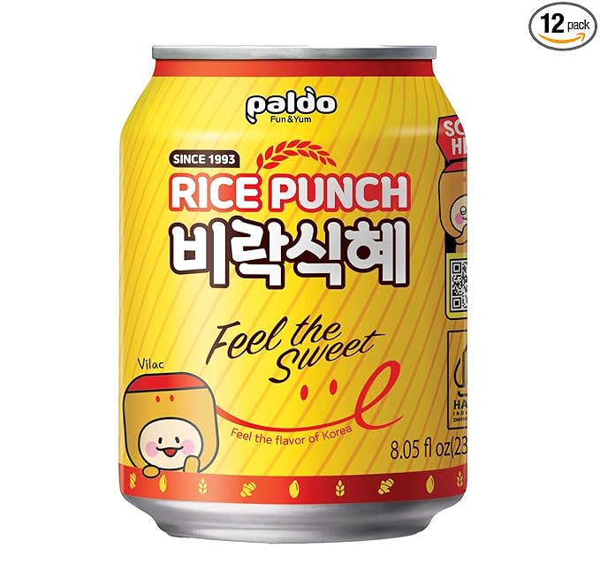 Paldo Fun & Yum Vilac Shikhye Sweet Rice Punch Drink, Pack of 12 Cans, Korean Traditional Sikhye, Malty-Rice Flavored Beverage, Best Dessert Drinks, No Artificial Colorings, 팔도 비락 식혜 8.06 fl oz x 12