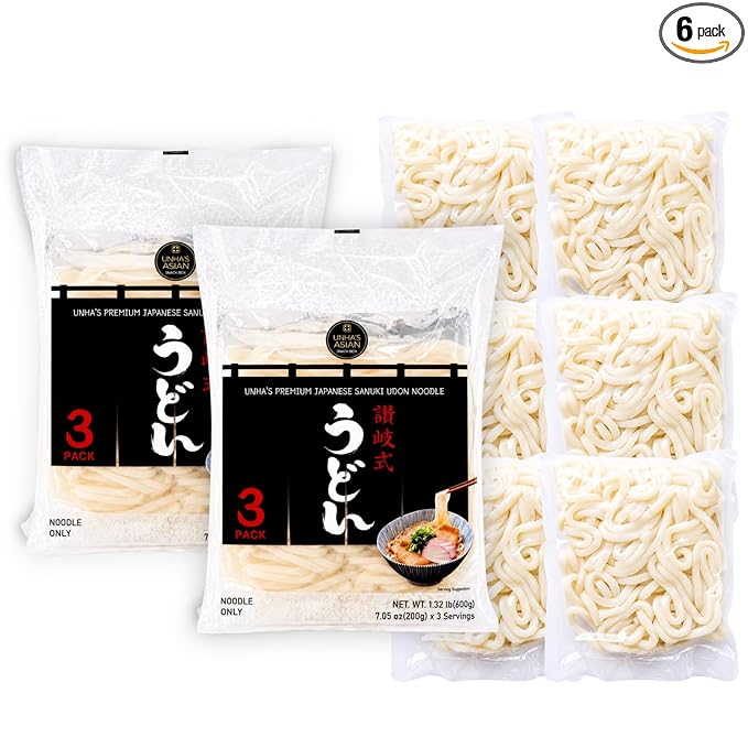 Unha’s Japanese Sanuki Fresh Udon Noodles, Jumbo Chewy Noodles, No Soup Included, Quick and Easy, 22 oz (200g × 3 Packs) Pack of 2
