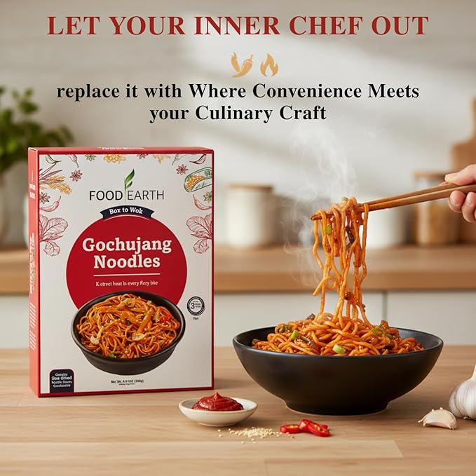 Food Earth Gochujang Noodles 250g | Korean Spicy Stir Fry Noodles | Quick Cook Non-Sticky Noodles for Wok, Chow Mein & Lo Mein | Authentic Flavor | Easy Meal Kit – 250g Pack