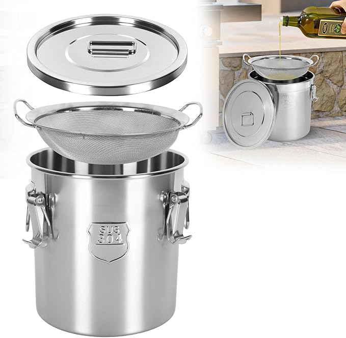 12L/3.17 Gal Cooking Oil Storage Can Commercial Oil Container with Filter & Lid Metal Bucket Food Storage Containers Airtight for Rice Flour Grain Dog Food Coffee Bean, 304 Stainless Steel -Silver