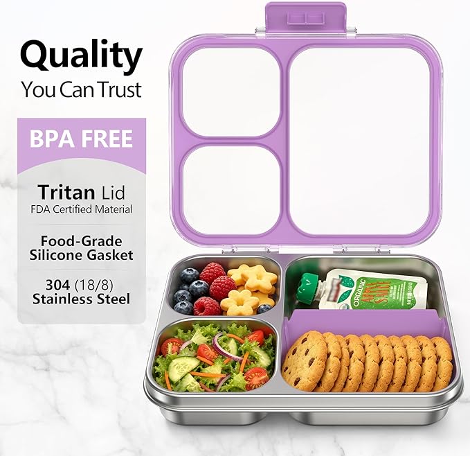 HOMEKOL Stainless Steel Bento Lunch Box, 3-Compartment Leak-Proof Metal Lunch Container for Kids & Adults, BPA-Free, Dishwasher Safe, Clear Tritan Lid, 4.2Cups/1000ml Purple (Not Insulated)