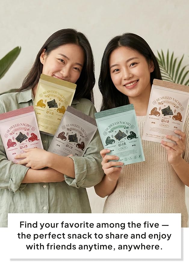 Korean Food Seaweed Nachos Variety Pack (5-Flavor Bundle) - Kimchi, Sweet Corn, BBQ, Wasabi, Chili Crab, 1.41oz x 5 Packs | Crispy Kim-Bugak Chips, Non-GMO & Gluten-Free Healthy Asian Snacks