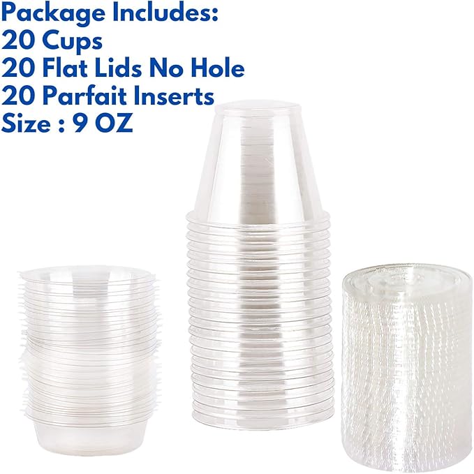 Aatriet 9 oz Clear Plastic Parfait Cups with Insert 3.25oz & Flat Lids No Hole - (20 Sets) Yogurt Fruit Parfait Cups for Kids, for Dips and Veggies, Take Away Breakfast and Snacks. No Leaking