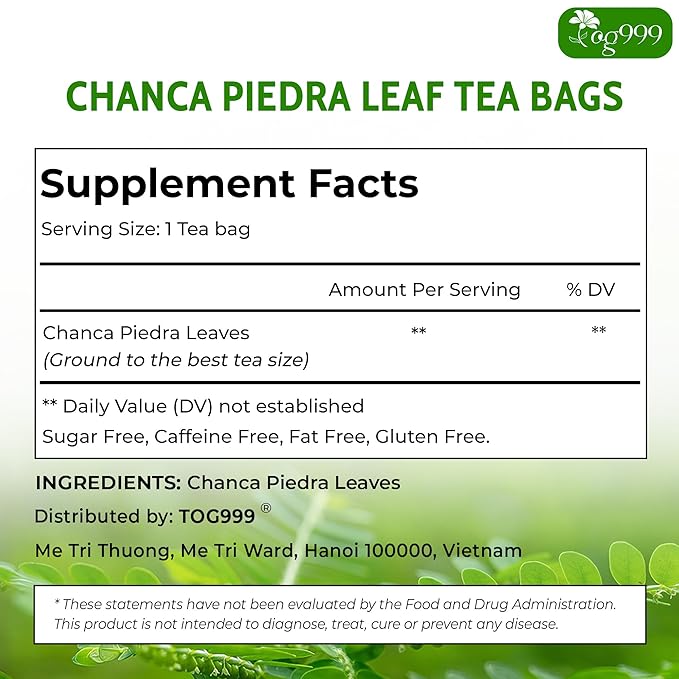 TOG999, Premium 60 Chanca Piedra Leaf Tea Bags, 100% Natural & Pure from Chanca Piedra Leaves. Loose Leaf Chanca Piedra Herbal Tea. Made with Natural Material Tea Bags. No Sugar, No Caffeine, No Gluten, Vegan.