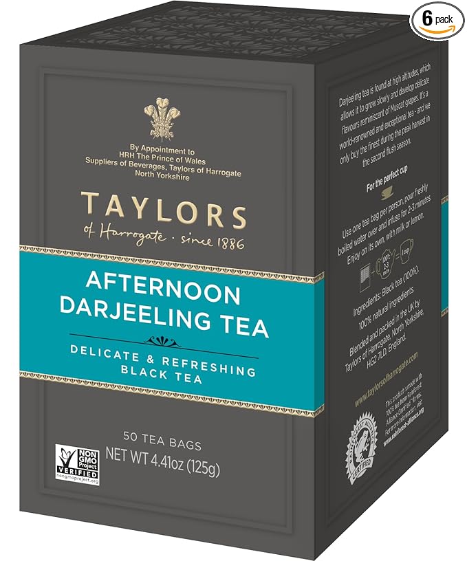 Taylors of Harrogate Afternoon Darjeeling, Black Tea, Pillow Bags 50 Count (Pack of 6), Delicate, Sweet & Floral, Caffeinated, Enjoy Hot or Iced, 300 Teabags Total