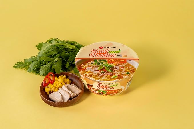 Nongshim Savory Chicken Noodle Soup Instant Ramen, 12 Pack, Microwaveable Bowl Soup Mix, Korean Ramyun with Cabbage & Carrots, Sabor a Pollo