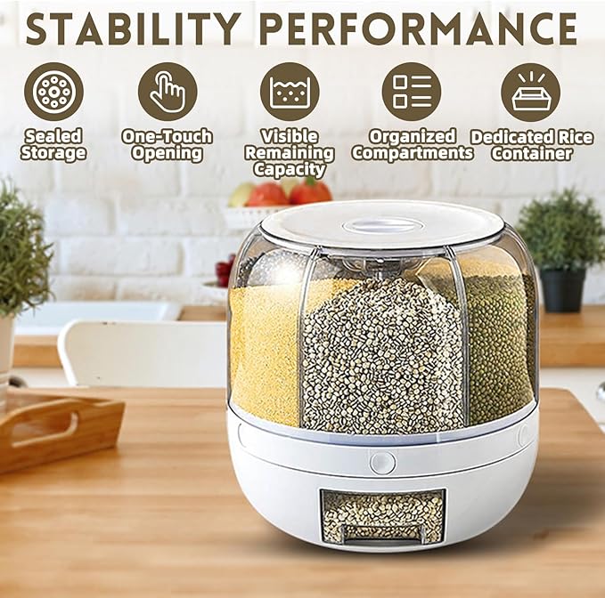 Grain Storage Container Dispenser, 6 Grids Rice Dispenser Rotating, 360° Rotating Food Dispenser One-Click Output Rice Storage Round Grain Dispenser Kitchen for Small Grains, Beans, Rice