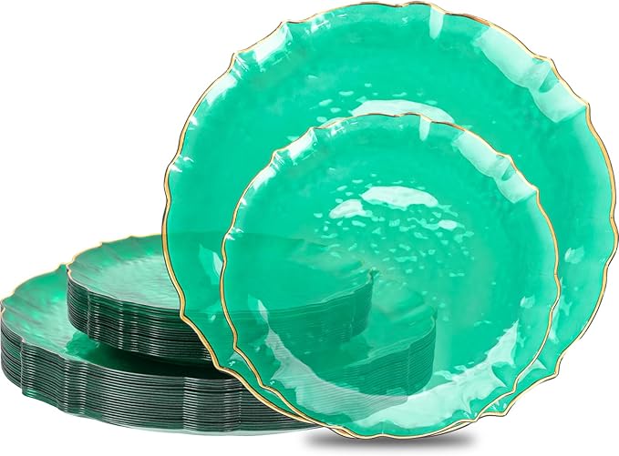 bUCLA 40PCS Clear Green Plastic Plates - Green and Gold Disposable Hammered Plates Fancy Lace-Edge, Crystal Design for 20 Guests Include 20 Each(Dinner&Dessert), Ideal for Party & Christmas