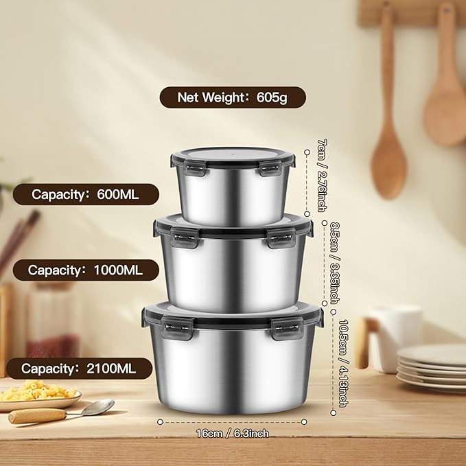 316L Stainless Steel Food Storage Containers with Lids, 20oz 34oz 71oz Airtight Metal Meal Prep Containers,Bento Lunch Box for Kitchen, Picnic & Camping（600 ml / 1000 ml / 2100 ml）