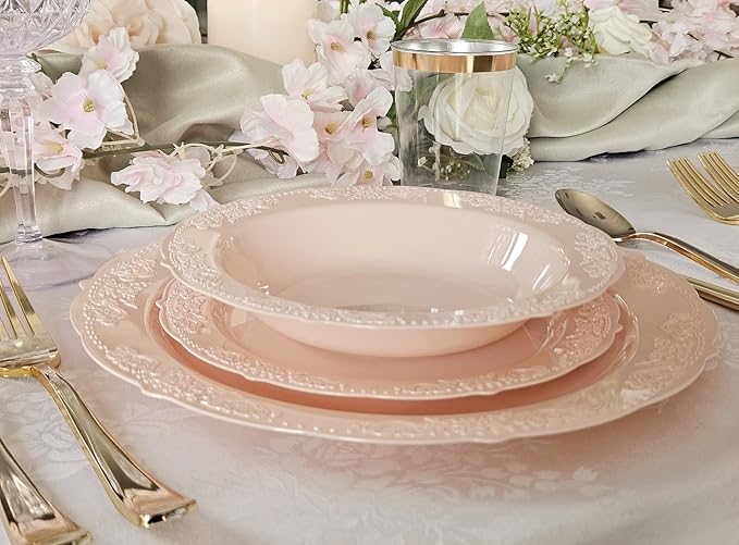 " OCCASIONS " 240 Plates Pack,(120 Guests) Vintage Wedding Party Disposable Plastic Plates Set-120x10.25'' Dinner +120x7.5'' Salad/Dessert Plate (Portofino in Blush/Antique Rose)