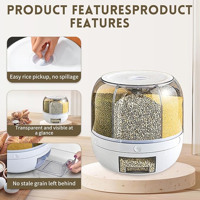 Grain Storage Container Dispenser, 6 Grids Rice Dispenser Rotating, 360° Rotating Food Dispenser One-Click Output Rice Storage Round Grain Dispenser Kitchen for Small Grains, Beans, Rice