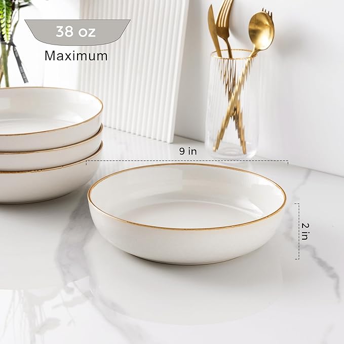 GBHOME 8.75'' Large Ceramic Pasta Bowls, 38oz Stoneware Pasta Serving Bowls Set of 4 for Kitchen, Wide Bowls for Fruit,Pasta,Salad,Oatmeal,Meal, Microwave Safe, Reactive Glaze-Pear White