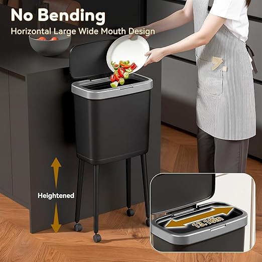 Procade Slim Kitchen Garbage Cans with Legs and Wheels,4Gallons Capacity Narrow Bathroom Wastebasket with Pop-Up Lid,Covered Black Office TrashCans for Near Desk,Plastic Trash Can for Bedroom,Dorm