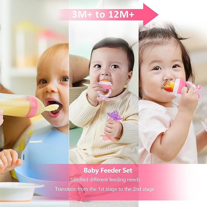 Baby Fruit Feeder Pacifier - 6 Pack | 2 Infant Food Feeder Pacifier & 2 Baby Food Dispensing Spoon | Fresh Fruit Teethers for Babies | Silicone Feeder Babies,Infant Teething Feeders -Pink