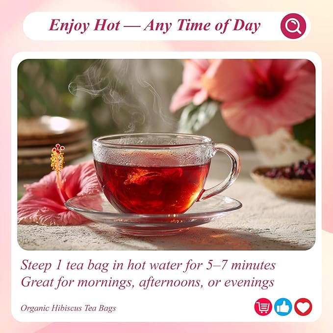 WT WEETEE Organic Hibiscus Tea Bags 100 Count, Caffeine-Free Herbal Tea for Hot & Cold Brew, 100% Pure Hibiscus Flowers, Balanced Tartness, Refreshing Iced Tea