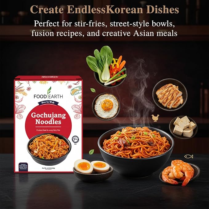 Food Earth Gochujang Noodles 250g | Korean Spicy Stir Fry Noodles | Quick Cook Non-Sticky Noodles for Wok, Chow Mein & Lo Mein | Authentic Flavor | Easy Meal Kit – 250g Pack