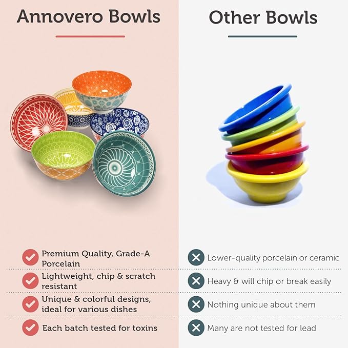 Annovero 10 Oz Ice Cream Bowls - Small Bowl for Serving Dips, Snack, Dessert, Side Dish - Colorful Decorative Porcelain for Kitchen - Microwave, Dishwasher, Oven Safe - Zero Lead & Cadmium, Set of 6