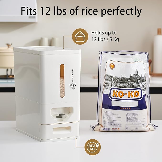 UFORU Rice Dispenser 12 Lbs (6kg), Dry Food Storage Container Sealed Moisture-Proof with Built-in Drawer for Kitchen Pantry Household, BPA-Free