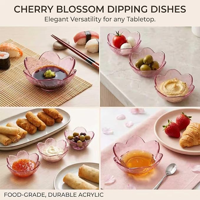 Sakura Sauce Dishes Set, 3.34x1.37 inch Plastic Cherry Blossom Dipping Bowls, 6 Pcs Small Condiment Dishes for Soy Sauce, Sushi, Snacks, and Party Appetizers (Pink)