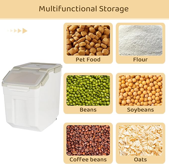 Rice Storage Container 50 lbs Large Household Flour Sugar Containers Airtight Grain Cereal Dispenser with Wheels, Locking Lid & Measuring Cup for Kitchen Pantry Organization, 2 Pack(Grey)