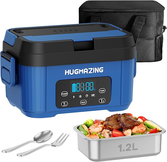 Hugmazing Cordless Electric Lunch Box for Adults, Men & Women – Rechargeable Self-Heating Food Warmer with 1.2L SS Container, Battery-Powered Heated Lunch Box, Perfect for Work and Travel Use