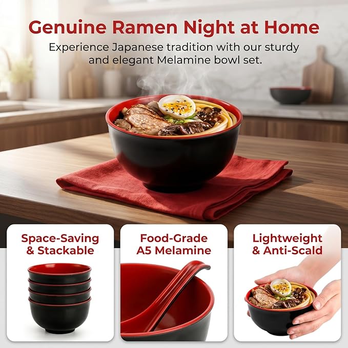 Lyellfe Set of 10 Miso Soup Bowl with Spoon, Restaurant Quality Melamine Cereal Rice Bowl, 16 Oz Unbreakable Japanese Dinnerware for Ramen, Udon Noodle, Dishwasher Safe
