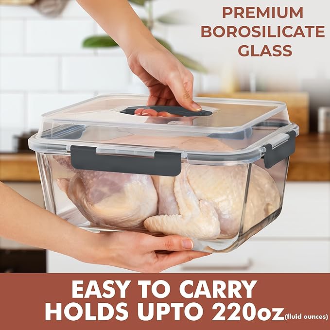 Razab 6500ml / 220 Oz / 28 Cups Extra Large Glass Food Storage Containers with Lids - Leakproof Glass Meal Prep Containers with Locking Lids for Roasting & Storing Leftover - Microwave & Oven Safe