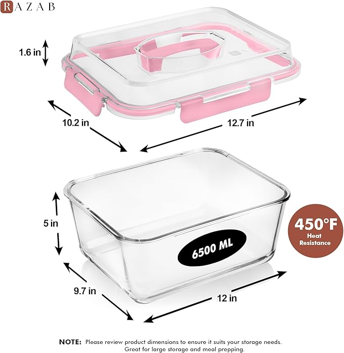 Razab 6500ml / 220 Oz / 28 Cups Extra Large Glass Food Storage Containers with Lids - Leakproof Glass Meal Prep Containers with Locking Lids for Roasting & Storing Leftover - Microwave & Oven Safe