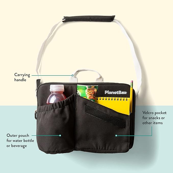 PlanetBox Insulated Lunch Bag – Black Currant Edition Carry Bag with Pockets for Water Bottle and Snacks – Durable, Easy to Clean, and BPA Free