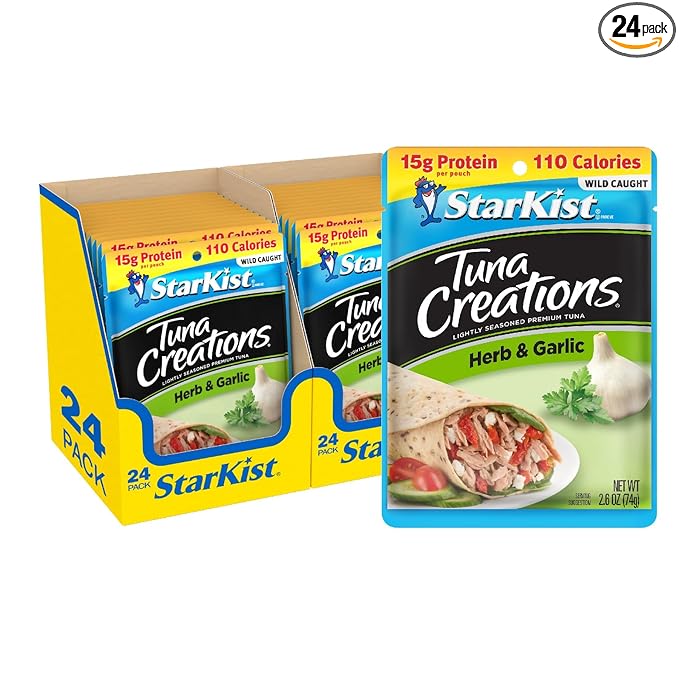 StarKist Tuna Creations Herb and Garlic Pouch (2.6 oz - 24 Pack) Wild Caught, High Protein Shelf Stable Seafood, No Draining, Ready to Eat for Salads and Sandwiches
