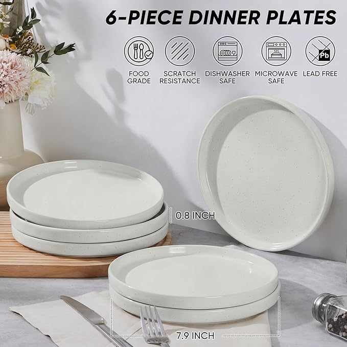 E-far 7.9 Inch Ceramic Dinner Plates, 6-Piece Stoneware Salad Plates with Raised Edges, Chip & Scratch Resistant | Microwave & Dishwasher Safe Dessert Dishes for Appetizer Salad, Speckled White