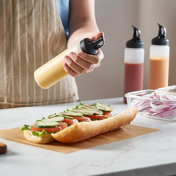 6 Pack Condiment Squeeze Bottles - 8 Oz Squirt Bottles with Leak Proof Snap Cap, Easy Pour Sauce Bottles for Liquids, Ketchup, Oil