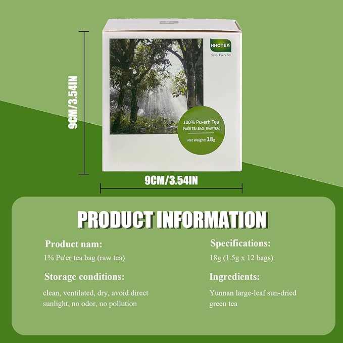 Pu-Erh Tea Bags, Organic and Aged Since 2018, Individually Wrapped 1.5g x 12 Count, Fermented Sheng (Raw) Pu-Erh Black Tea, Rich Flavor & Natural Energy, Convenient Brewing